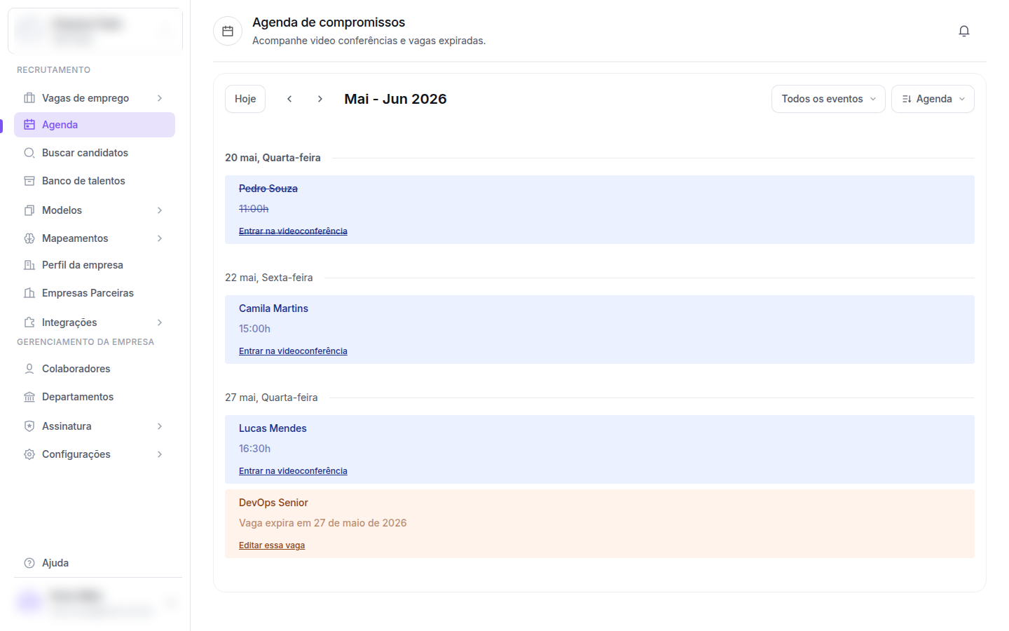 Visualização Agenda exibindo eventos de 20 mai, 22 mai e 27 mai com links Entrar na videoconferência e Editar essa vaga
