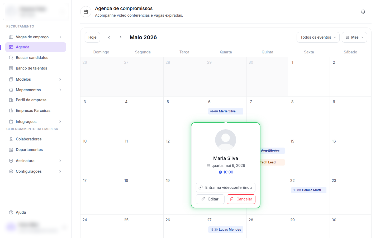 Calendário Maio 2026 com painel aberto sobre o evento de Maria Silva exibindo data, horário e botões Entrar na videoconferência, Editar e Cancelar