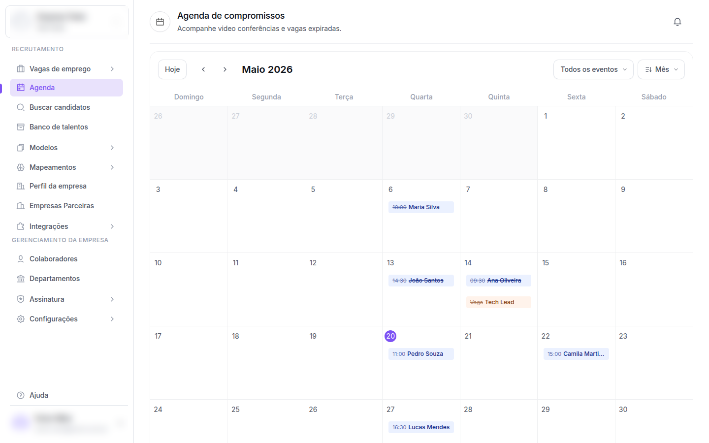 Agenda mensal com eventos de videoconferência e vagas expirando