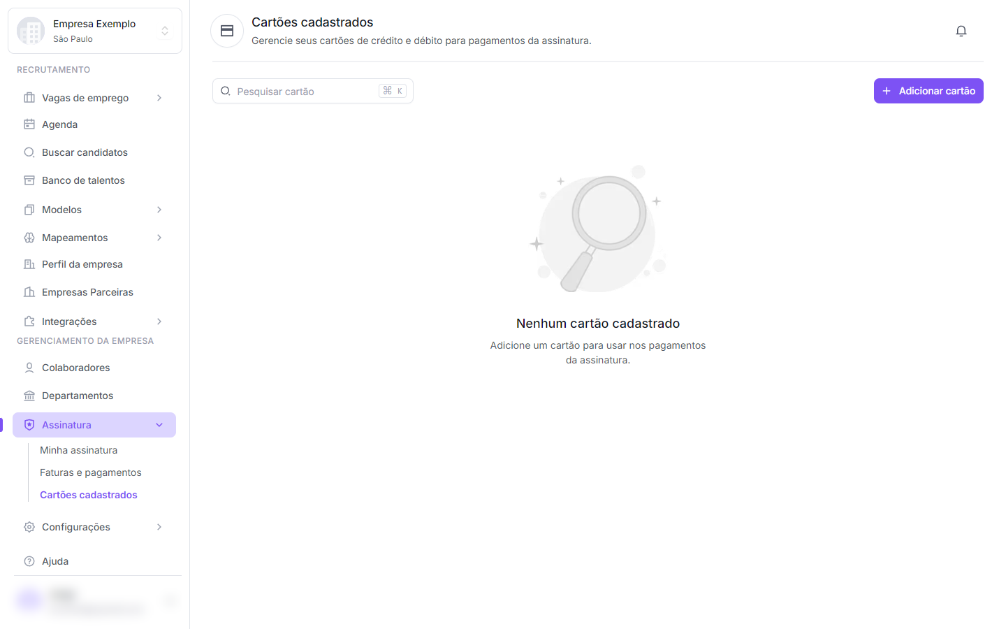 Lista de cartões cadastrados