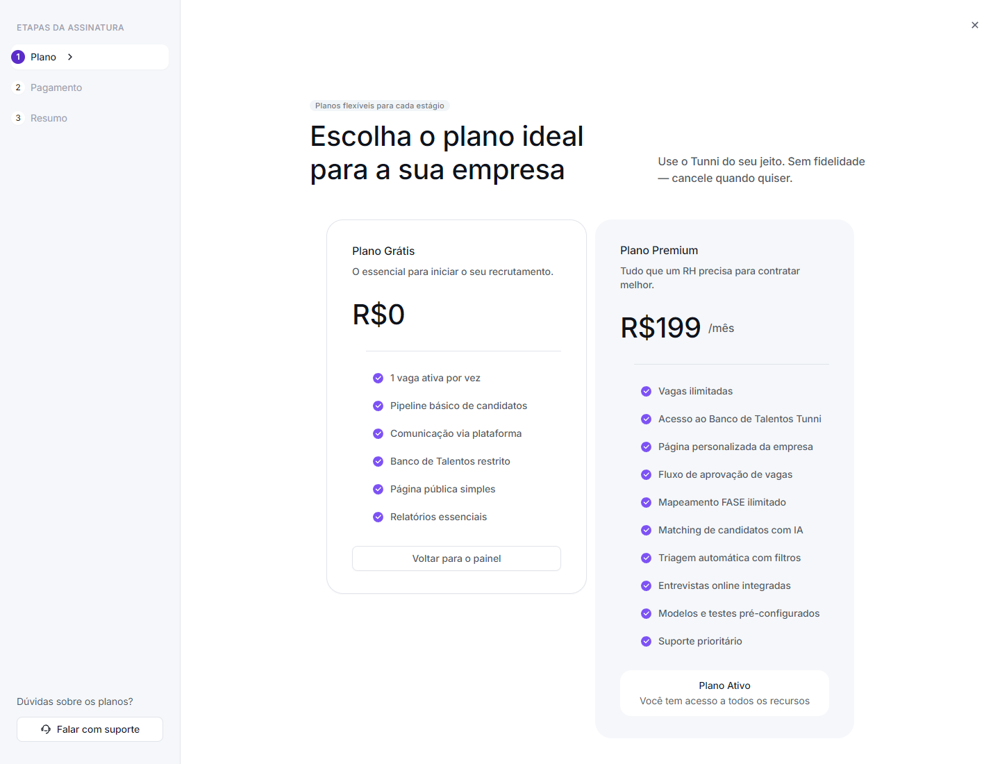 Tela de Planos e preços
