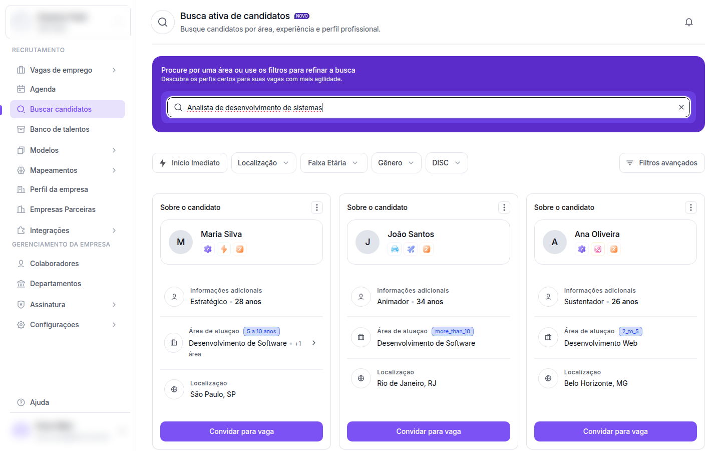 Resultados da Busca ativa com 3 cards de candidatos e filtros rápidos visíveis no topo
