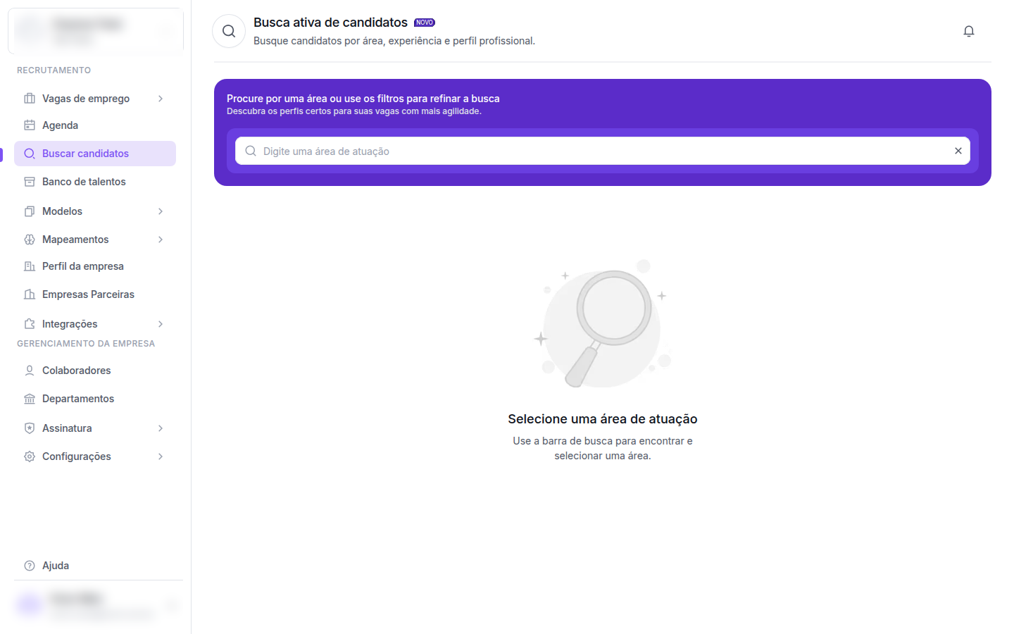 Tela inicial da Busca ativa de candidatos com o campo 'Digite uma área de atuação' e ilustração de lupa