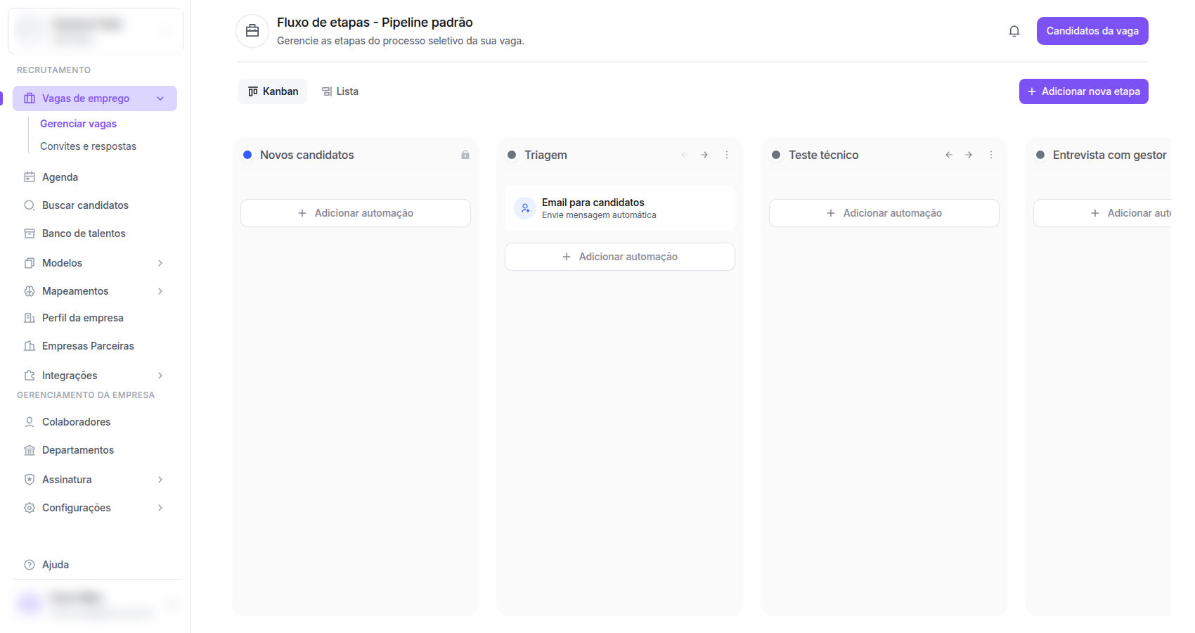 Tela Fluxo de etapas em modo PRO com etapas customizadas e botão Adicionar nova etapa ativo