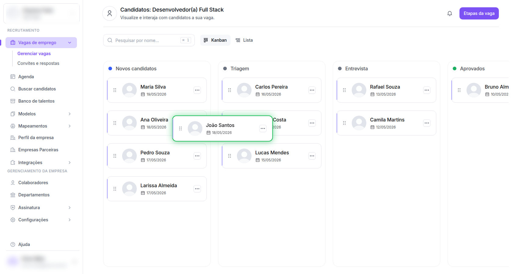 Pipeline Kanban com candidato sendo arrastado entre etapas