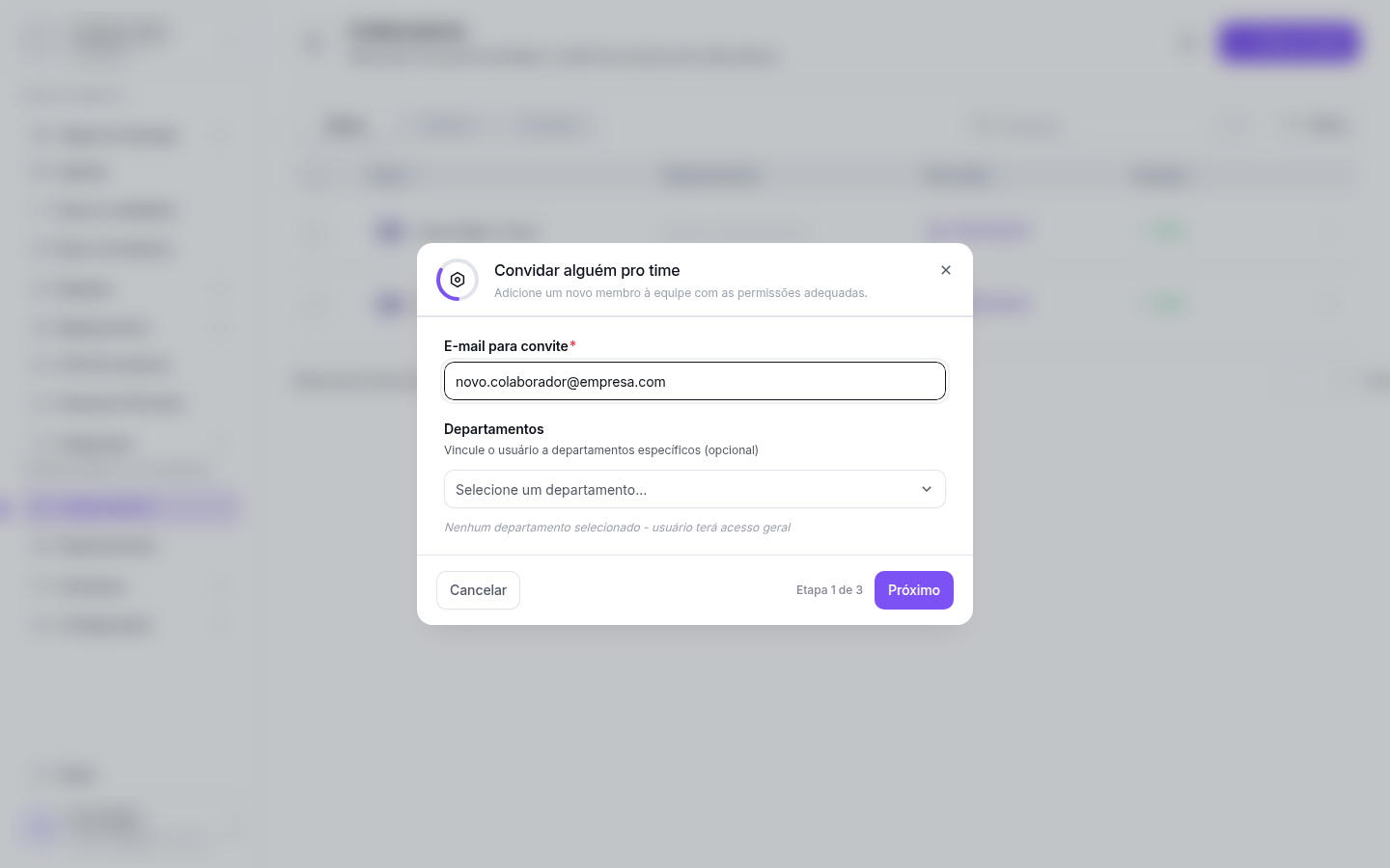 Modal Convidar alguém pro time na etapa 1 mostrando campo E-mail para convite e seletor de Departamentos