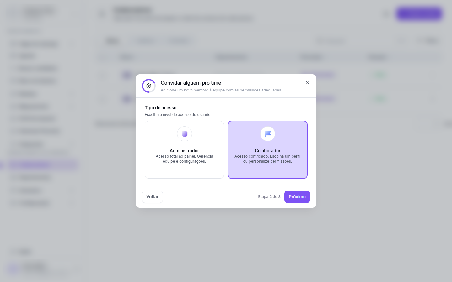Modal etapa 2 mostrando os cartões Administrador e Colaborador com Colaborador selecionado