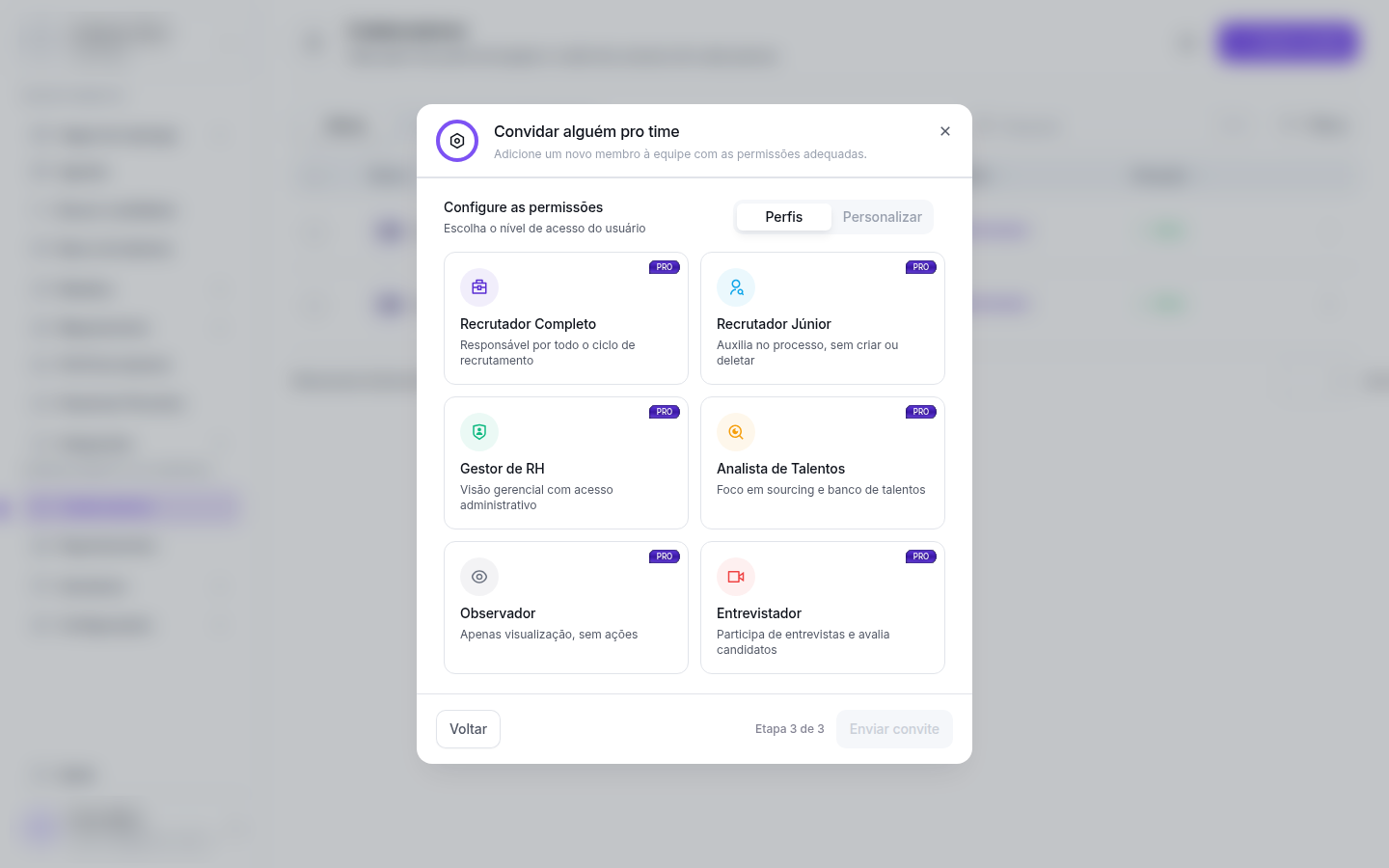 Modal etapa 3 mostrando os 6 perfis PRO: Recrutador Completo, Recrutador Júnior, Gestor de RH, Analista de Talentos, Observador, Entrevistador