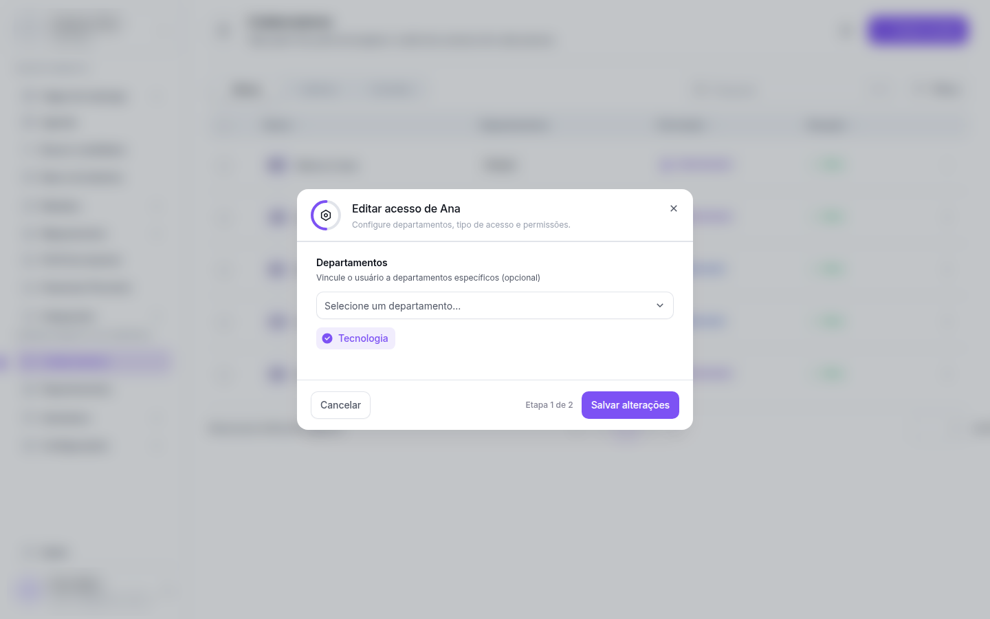 Modal Editar acesso de Ana mostrando Etapa 1 de 2, aviso 'Nenhum departamento configurado' e botão Salvar alterações