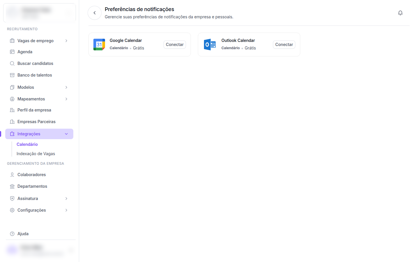 Tela com cartões Google Calendar e Outlook Calendar, ambos com botão Conectar