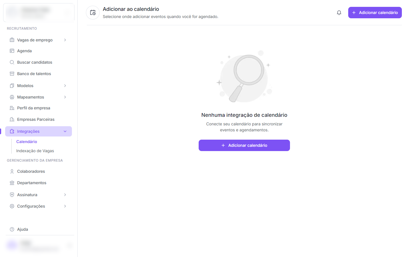 Tela Adicionar ao calendário com estado vazio — 'Nenhuma integração de calendário'