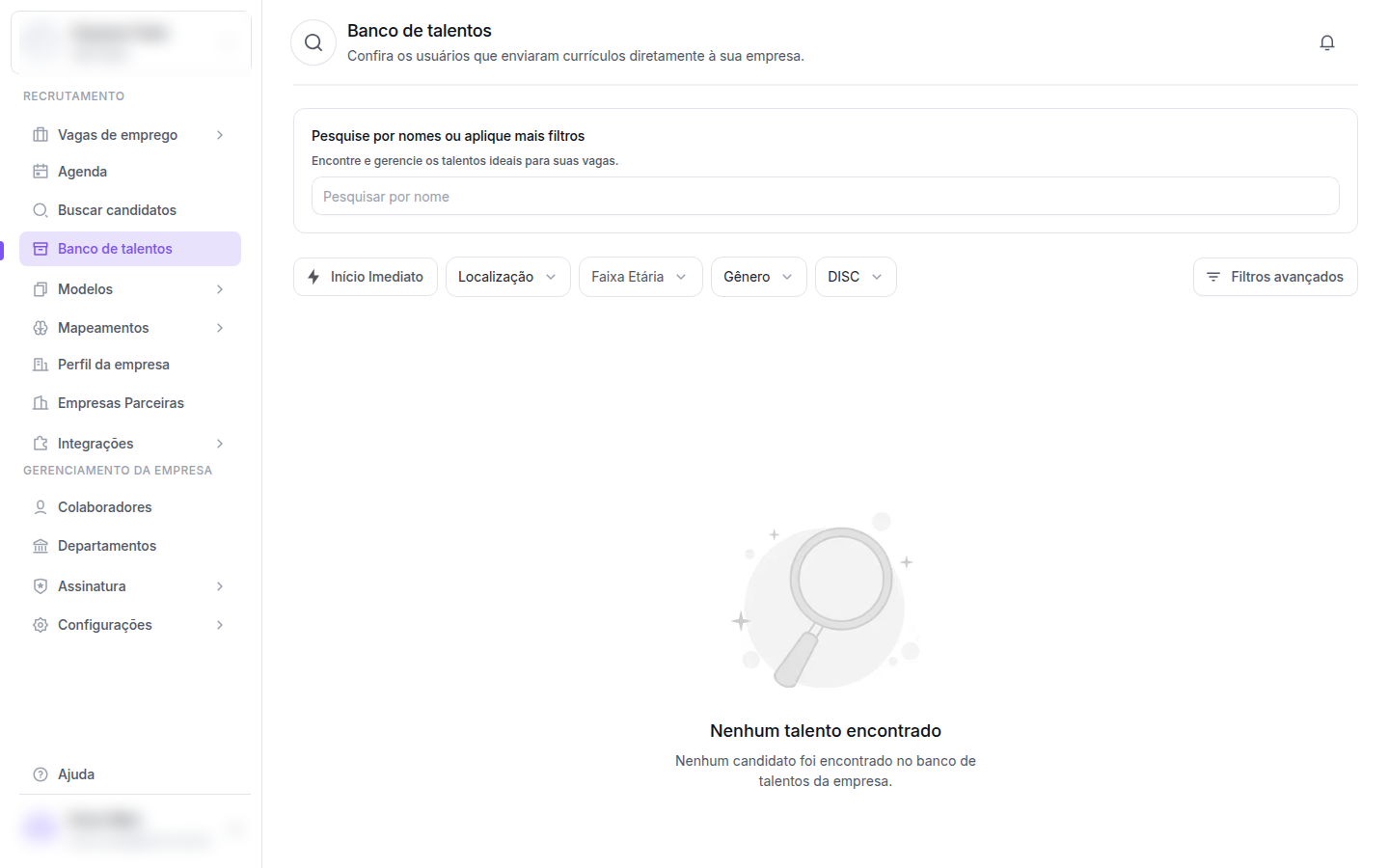 Vista inicial do Banco de talentos com candidatos exemplo