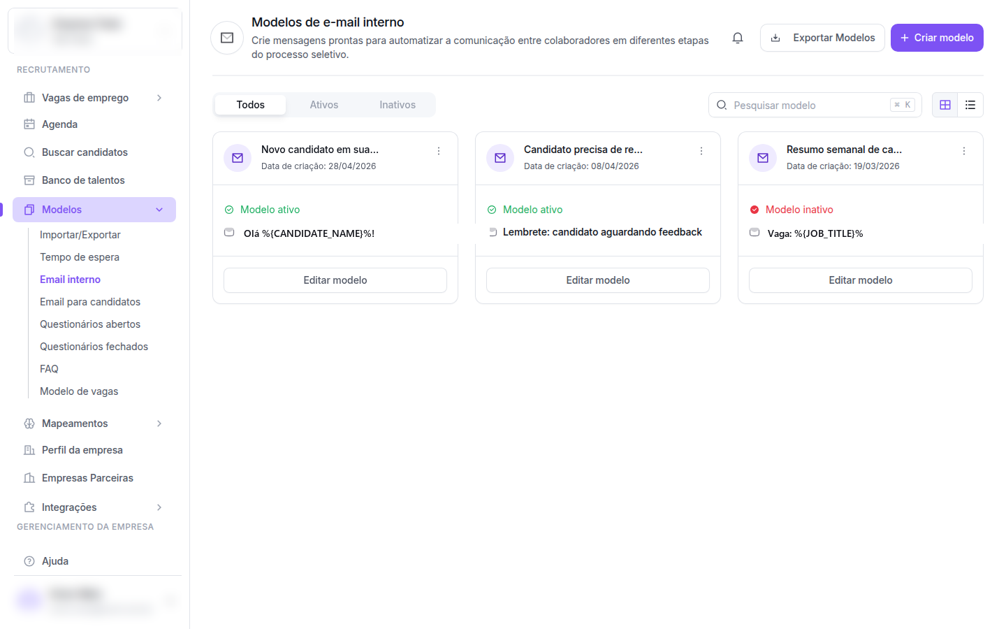 Lista de modelos de email interno