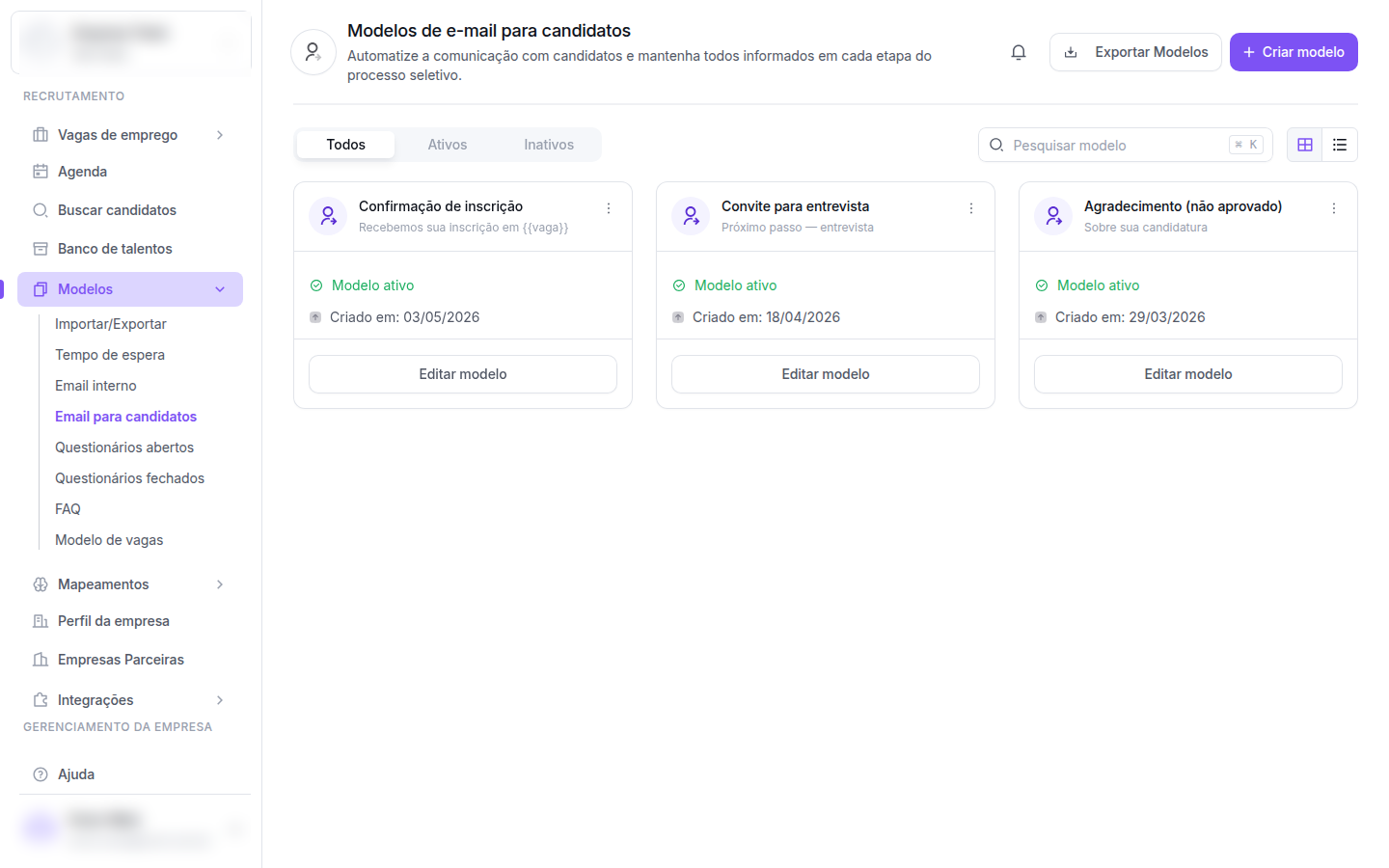 Lista de modelos de email para candidatos