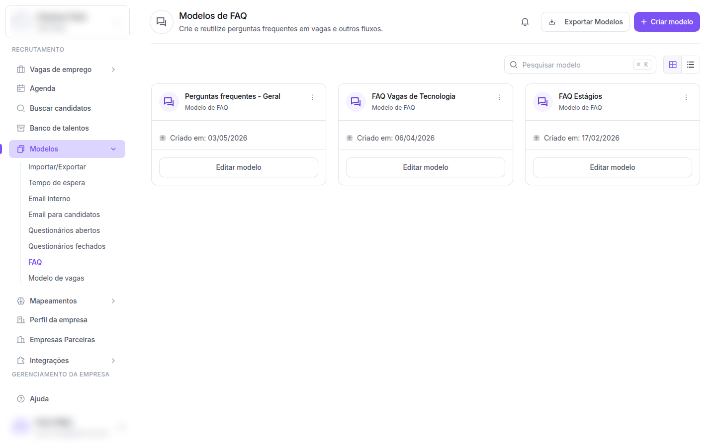 Lista de modelos de FAQ