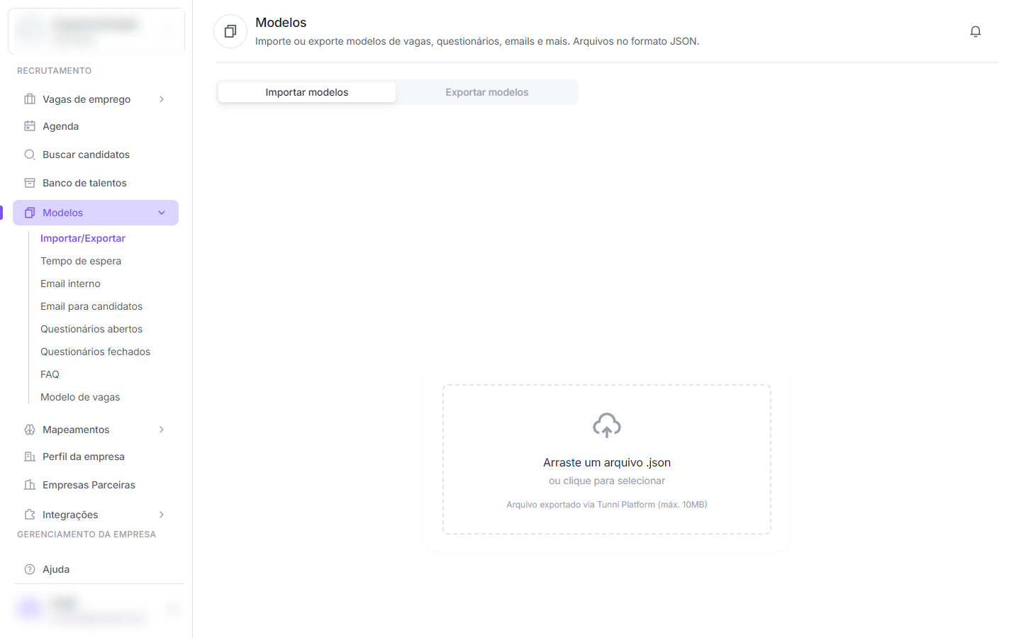 Sidebar com Modelos expandido + tela Importar/Exportar