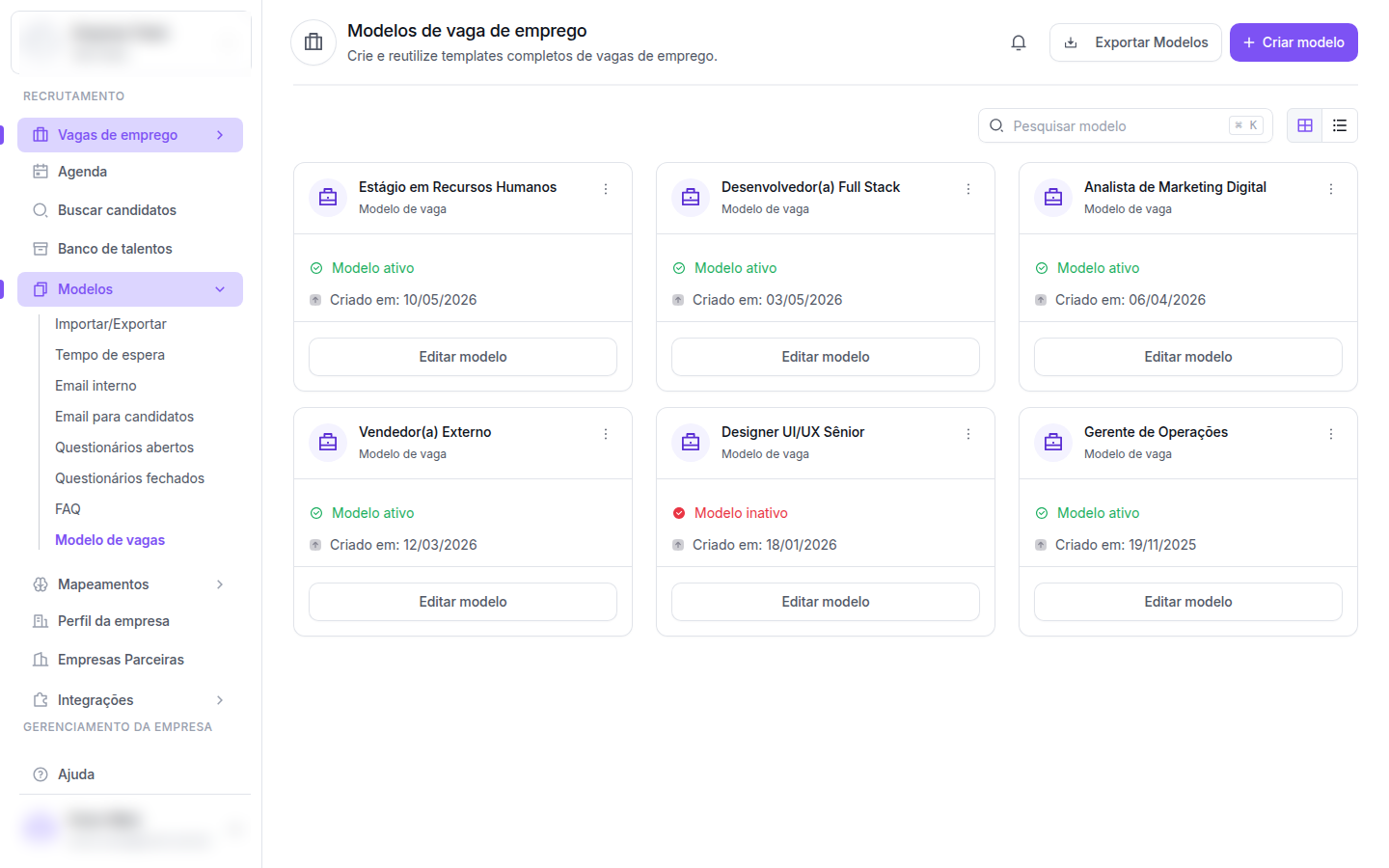 Grid de 6 modelos de vaga com status ativo/inativo e data de criação