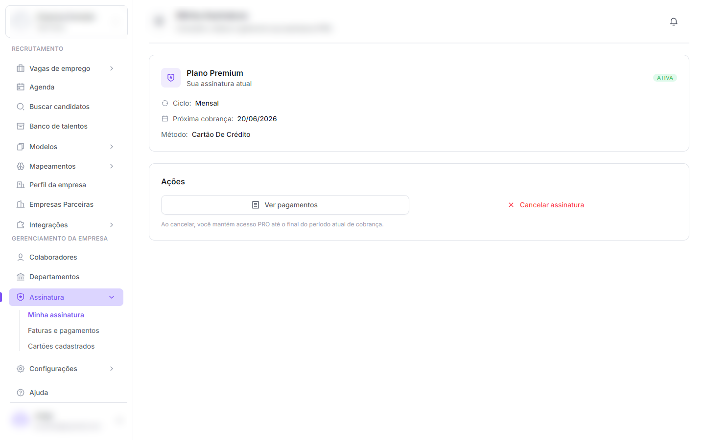 Sub-menu de Assinatura
