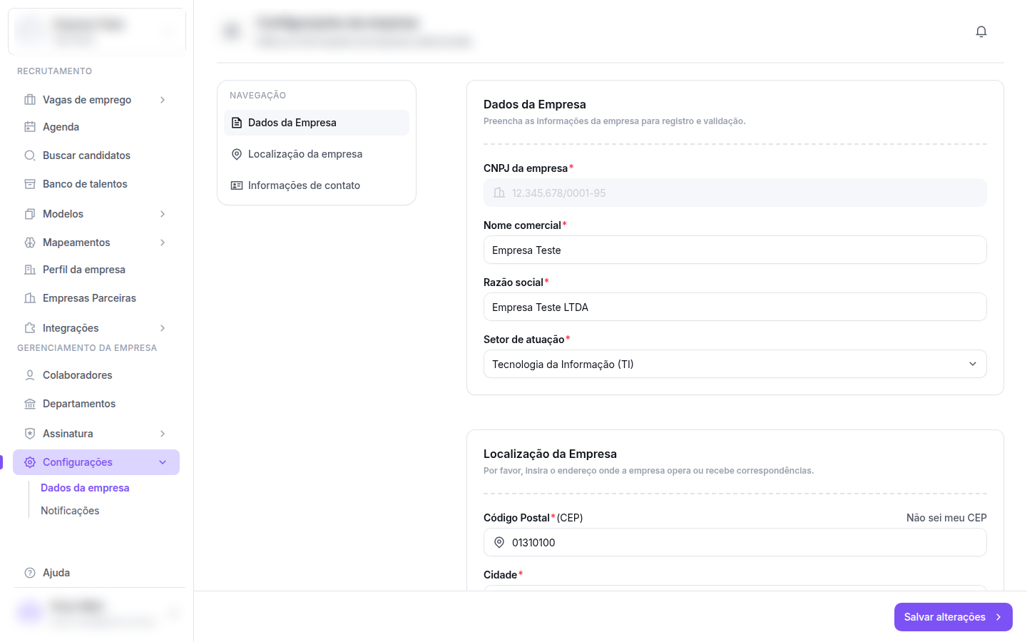 Menu Configurações expandido